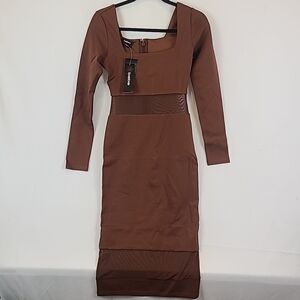 NWT Bebe Square Neck Mesh Dress Chocolate Brown Sz XS